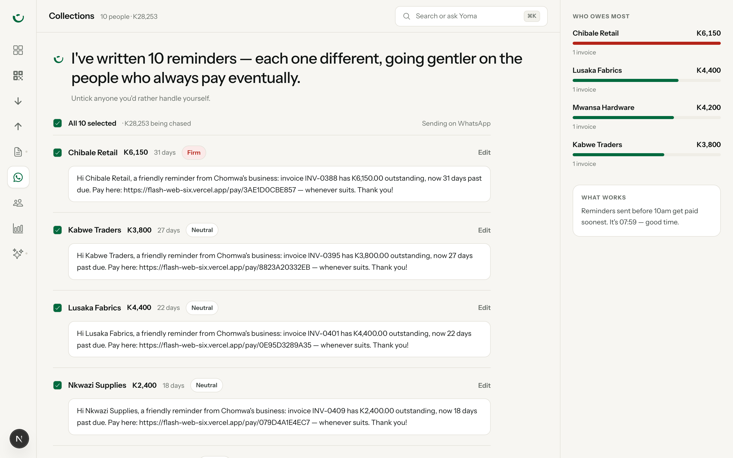 Collections: every debtor with a message drafted and waiting for approval.