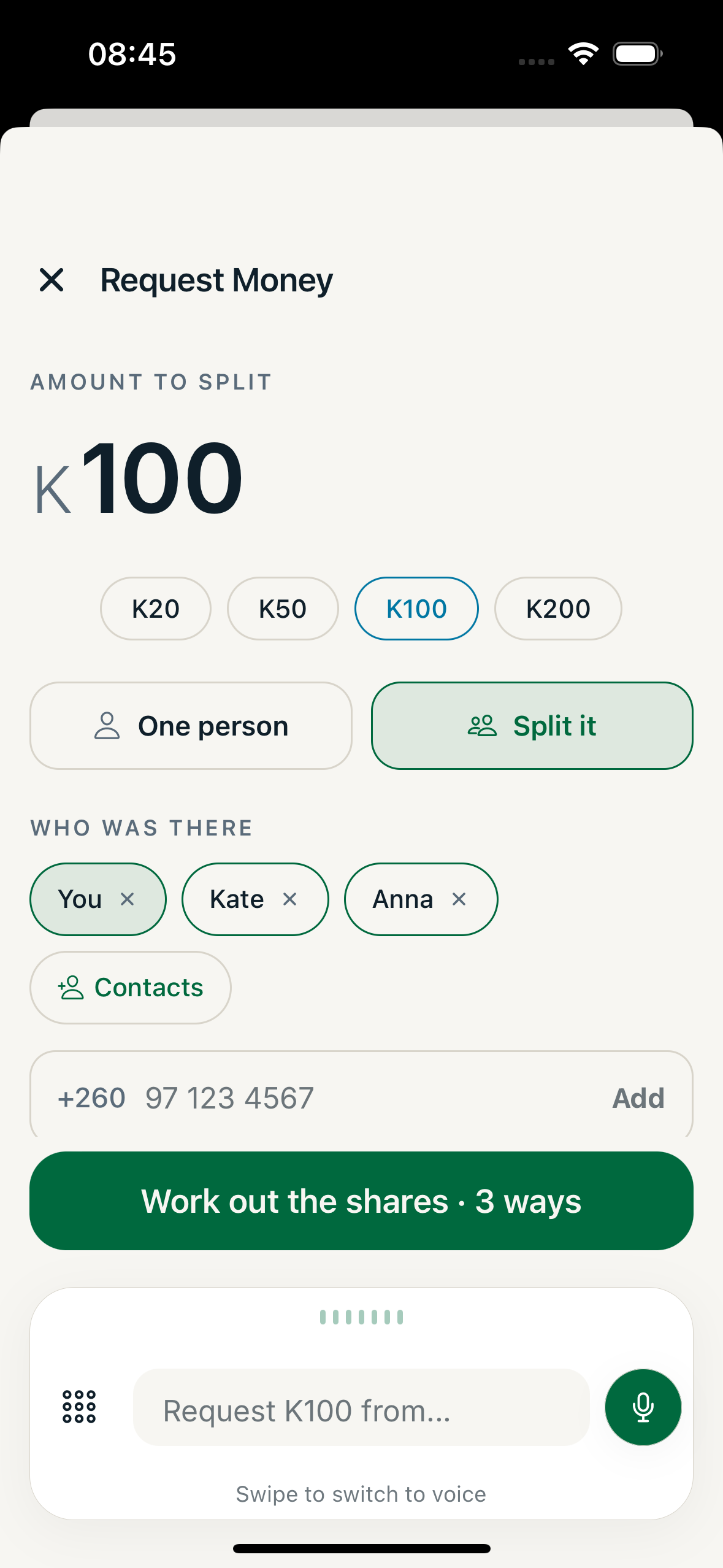 Splitting K100 between three people.