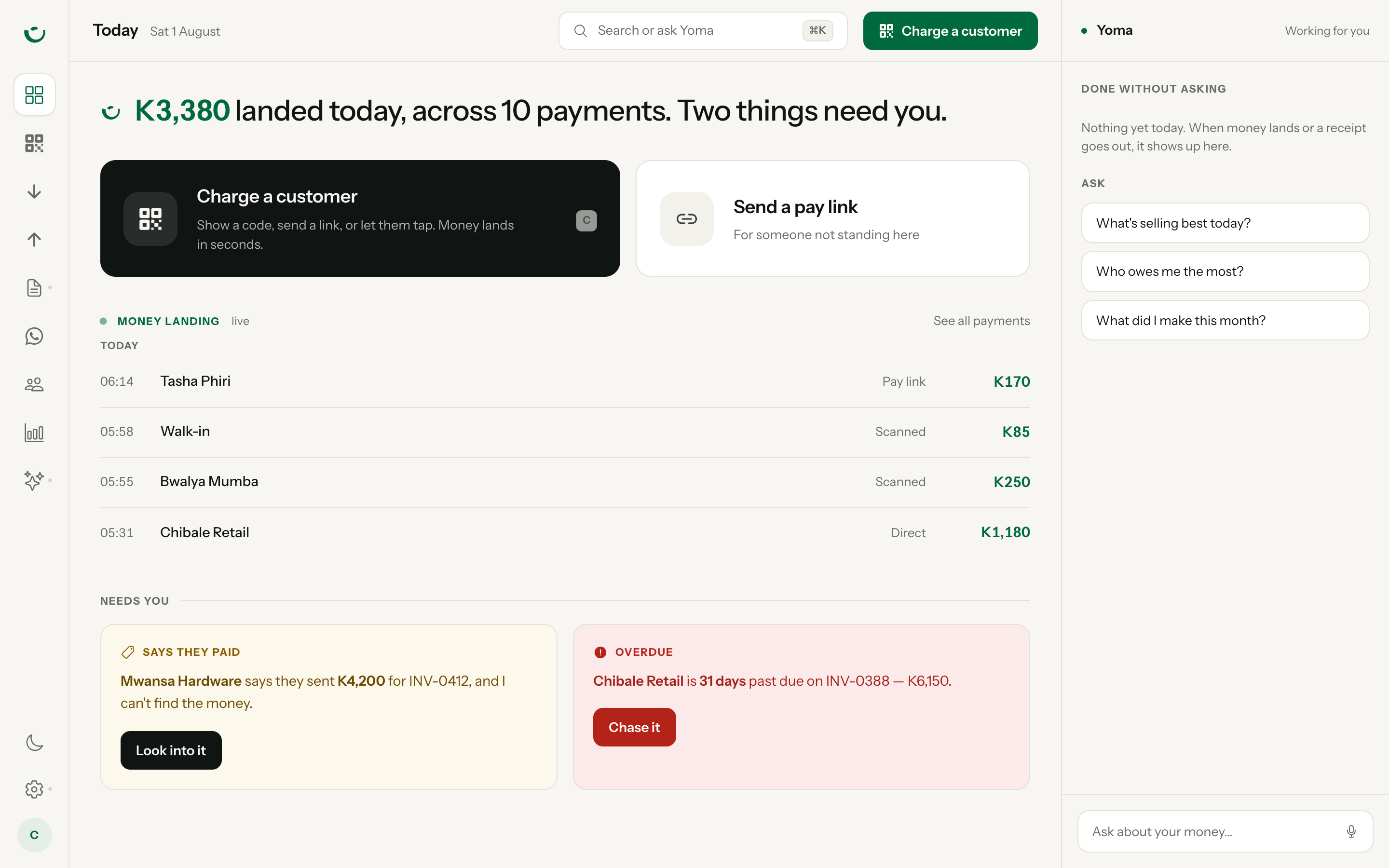 The Flash for Business dashboard, showing today’s takings and the payments landing live.